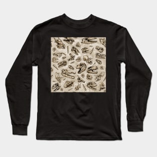 Dinosaur skull sketch tiled pattern tan natural Long Sleeve T-Shirt